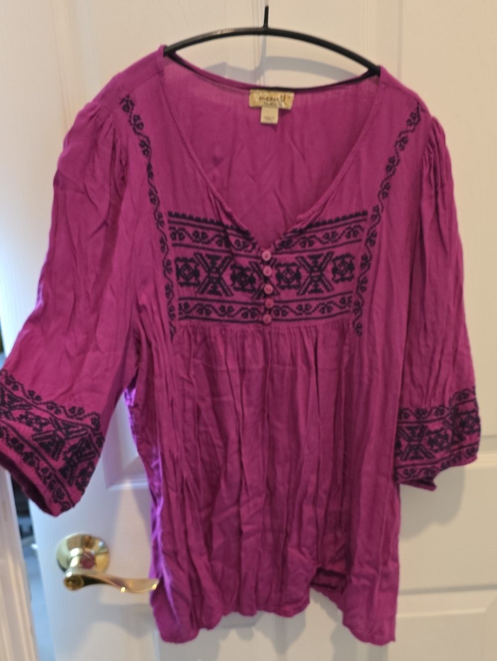 ONE WORLD Magenta Embroidered Boho Tunic Top